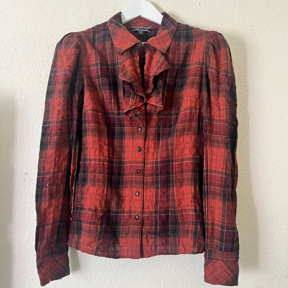 Peruvian Connection Crinkle Red Plaid Button Up Ruffle Blouse Shirt Sz 10 Casual